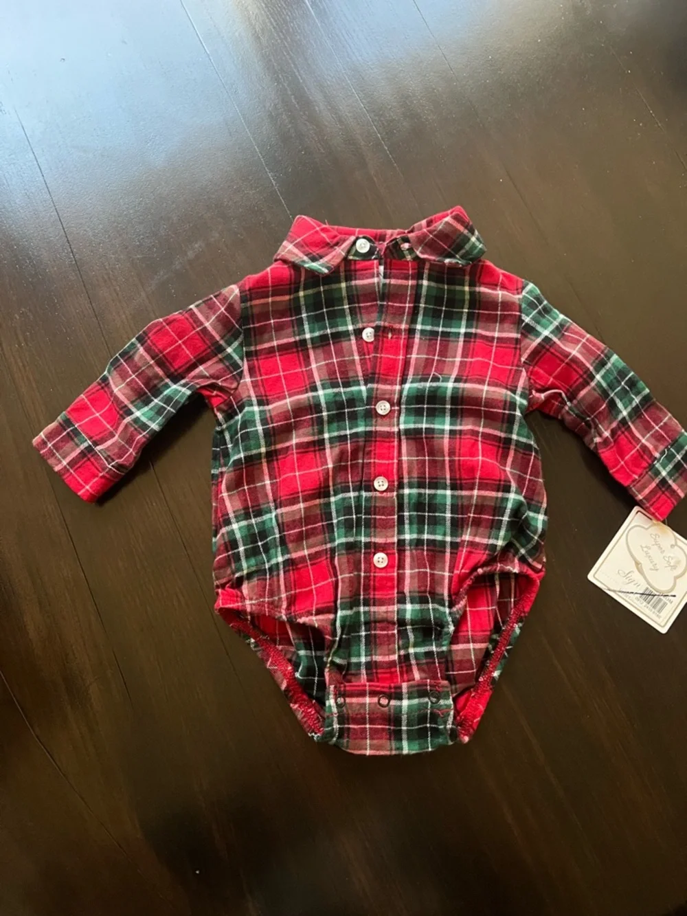 New - Little Me Red Plaid Christmas Baby Onesie with Navy Embroidered Pants